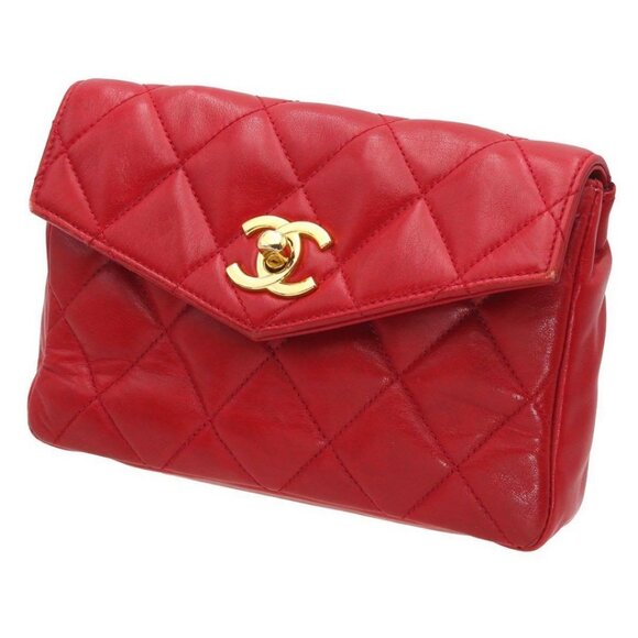 Authentic CHANEL CC Vintage Matelasse Lambskin Waist Pouch Bum Bag Leather Red - Picture 3 of 15